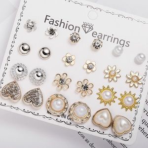 Silver gold pearl earring set (12 pairs)